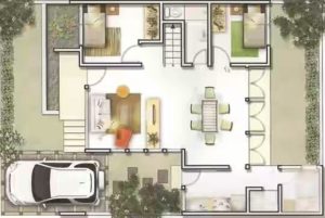 Konsep Rumah Minimalis Terbaru Type 45 dimana ruang tamu, ruang keluarga dan ruang makan jadi satu
