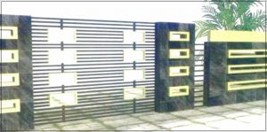 Contoh model desain pagar rumah minimalis dengan batu alam kombinasi bahan logam