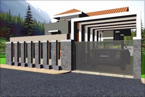 Desain pagar rumah minimalis modern 1 lantai kombinasi batu alam dan besi